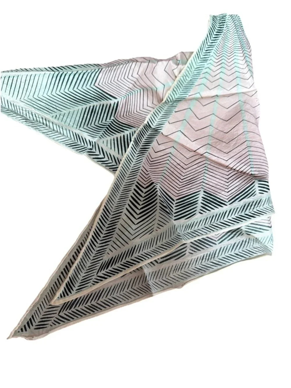 VINTAGE Scarf Triangle Hand Rolled Hem Pink Aqua Zig Zag Pattern Head Neck Scarf